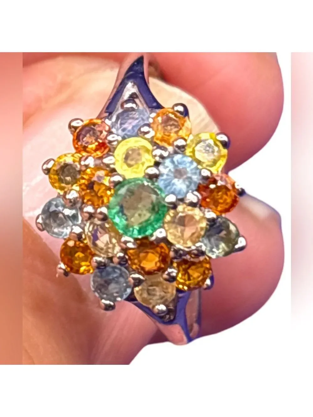 Multicolor Gemstone Cluster Ring Sapphire & Tourmaline 925 sterling silver 7